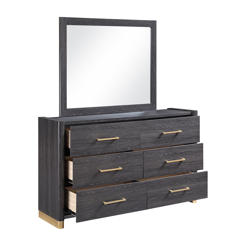 Clifton Modern 6-Drawer Wood Dresser with Gold Accents in Charcoal Gray