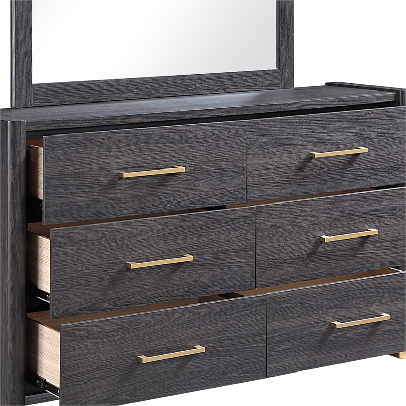 Clifton Modern 6-Drawer Wood Dresser with Gold Accents in Charcoal Gray