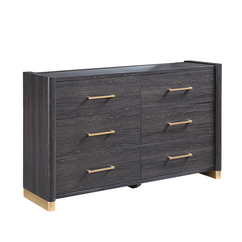 Clifton Modern 6-Drawer Wood Dresser with Gold Accents in Charcoal Gray