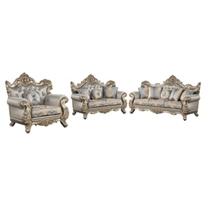 Isabella Traditional 3-Pc Living Room Set in Gray/Gold/Blue