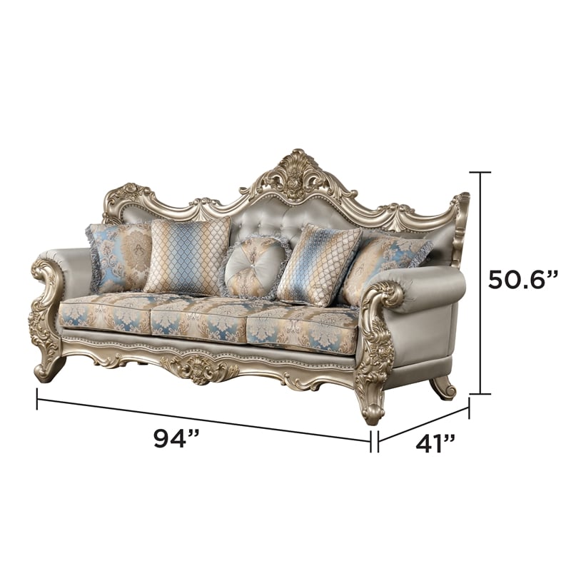 Isabella Traditional Sofa with Carved Wood Frame in Gray/Gold/Blue