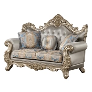 Isabella Traditional Loveseat with Carved Wood Frame in Gray/Gold/Blue
