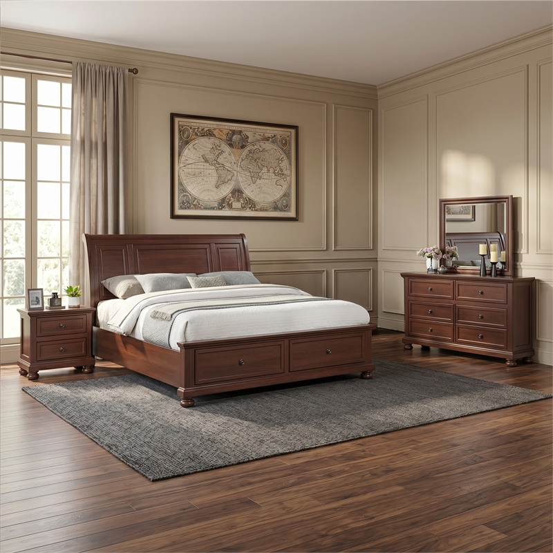 Traditional Wood Boston Queen 4 Pc Bedroom Set in Walnut