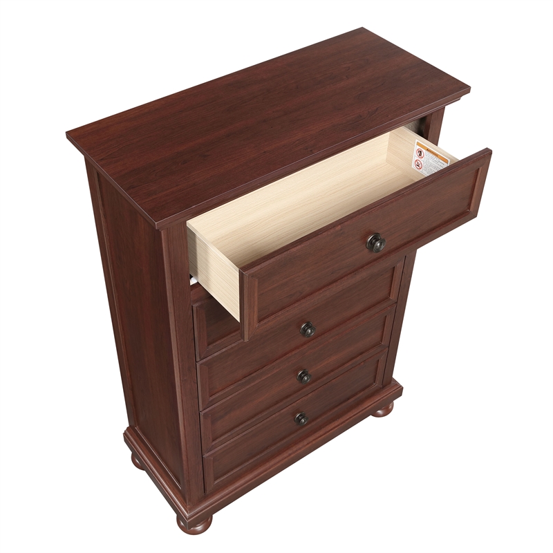 Boston Traditional Wood 5-Drawer Chest in Walnut with Classic Bun Feet