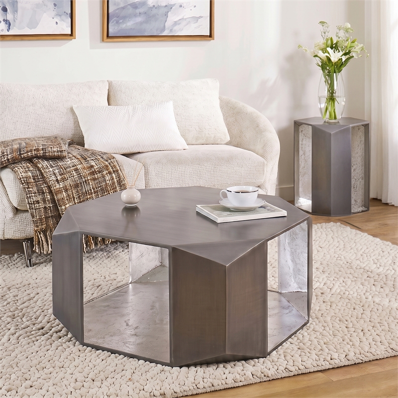CT529 Geometric Silver Iron Coffee Table with Modern Open Frame Base