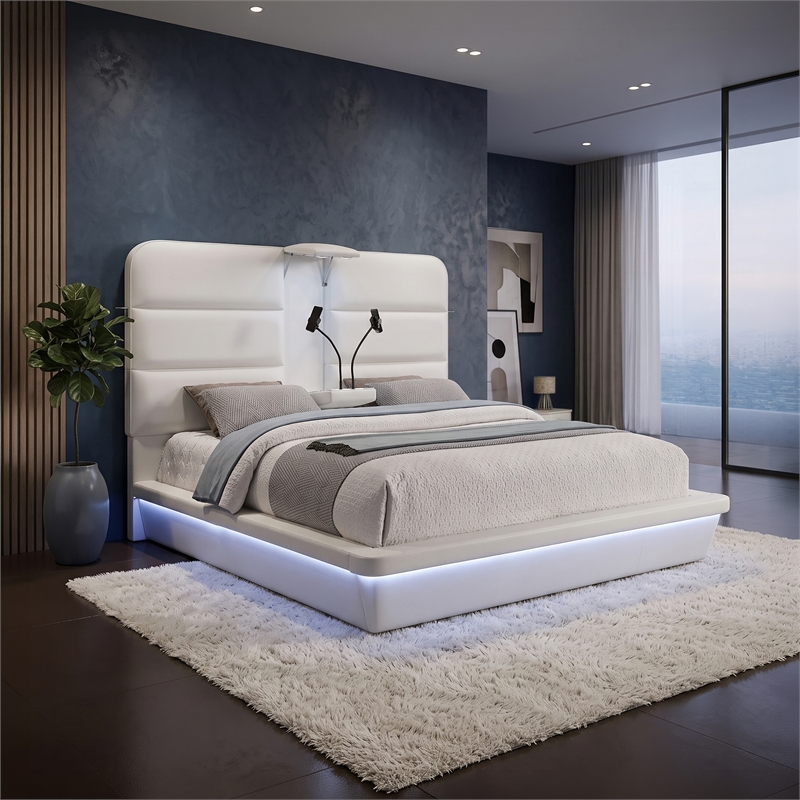 Futura Modern Upholstered King Bed with Reinforced Slat Support in White