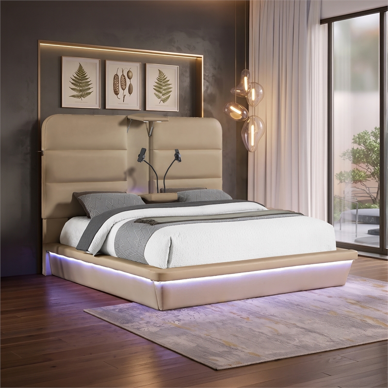 Futura Modern Upholstered Queen Bed with Reinforced Slat Support in Caramel