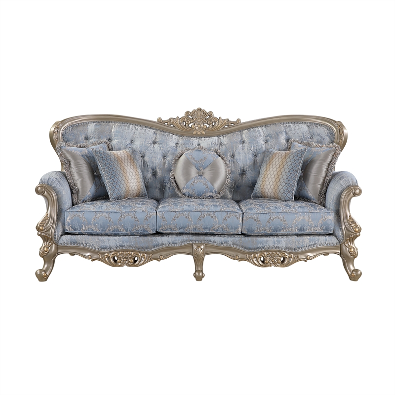Royale Blue Gray Tufted Sofa with Carved Champagne Gold-Tone Frame