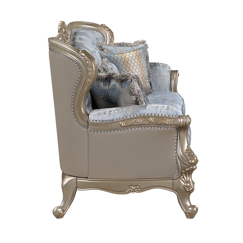 Royale Blue Gray Tufted Sofa with Carved Champagne Gold-Tone Frame