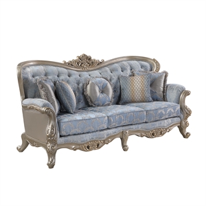 Royale Blue Gray Tufted Sofa with Carved Champagne Gold-Tone Frame