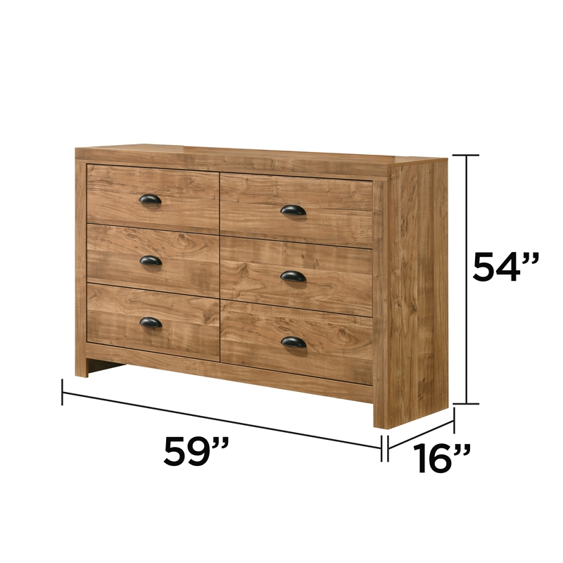 Montana 6-Drawer Wood Dresser in Natural Finish with Black Pull Handles