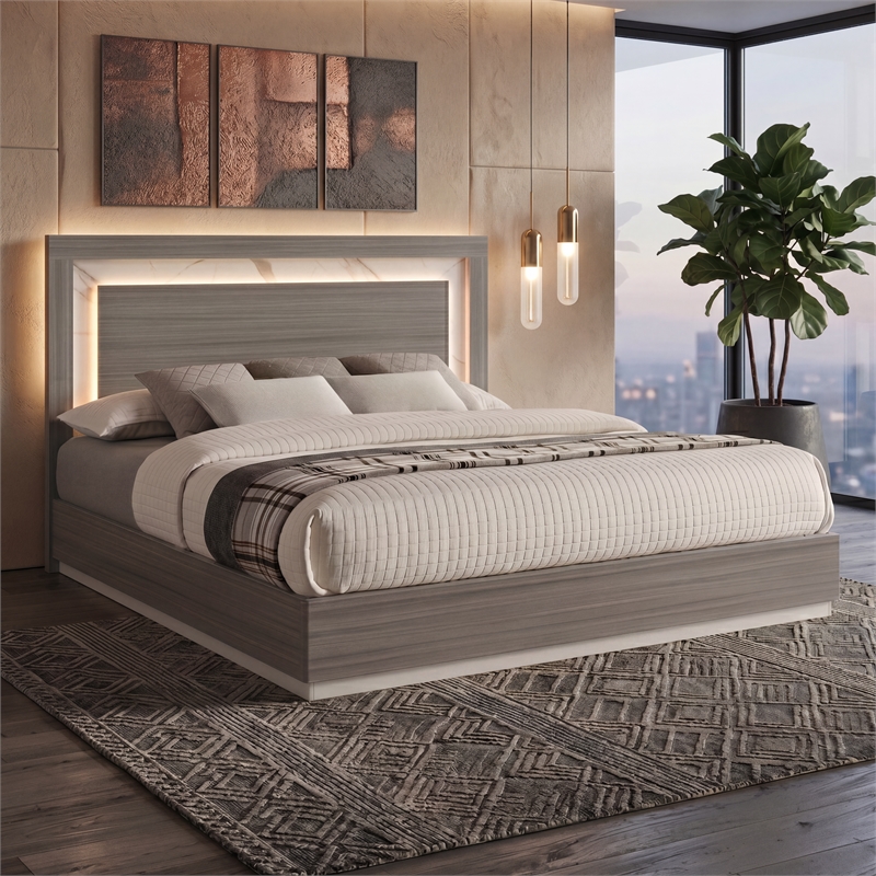 Matrix Furniture Altima Contemporary Queen Bed with LED Headboard Gray