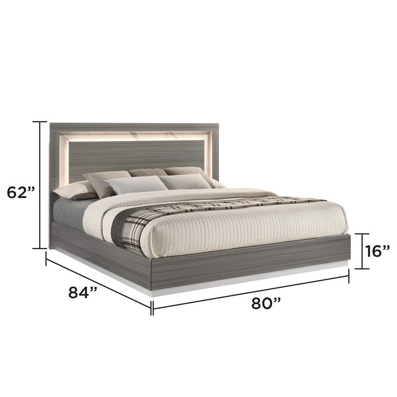 Matrix Furniture Altima Contemporary King Bed with LED Headboard in Gray