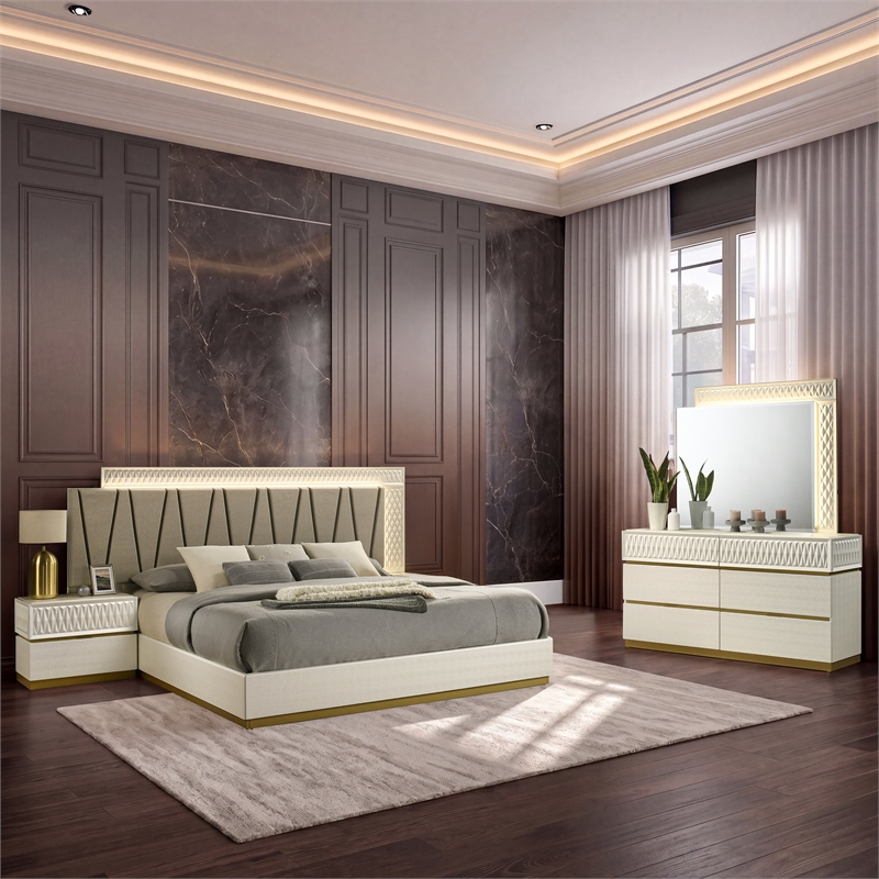 Matrix Furniture Stanley Modern Queen 4-PC Bed Set w LED Headboard in Gray