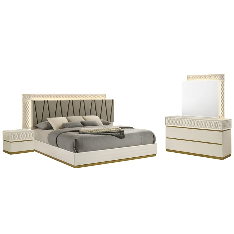 Matrix Furniture Stanley Modern Queen 4-PC Bed Set w LED Headboard in Gray