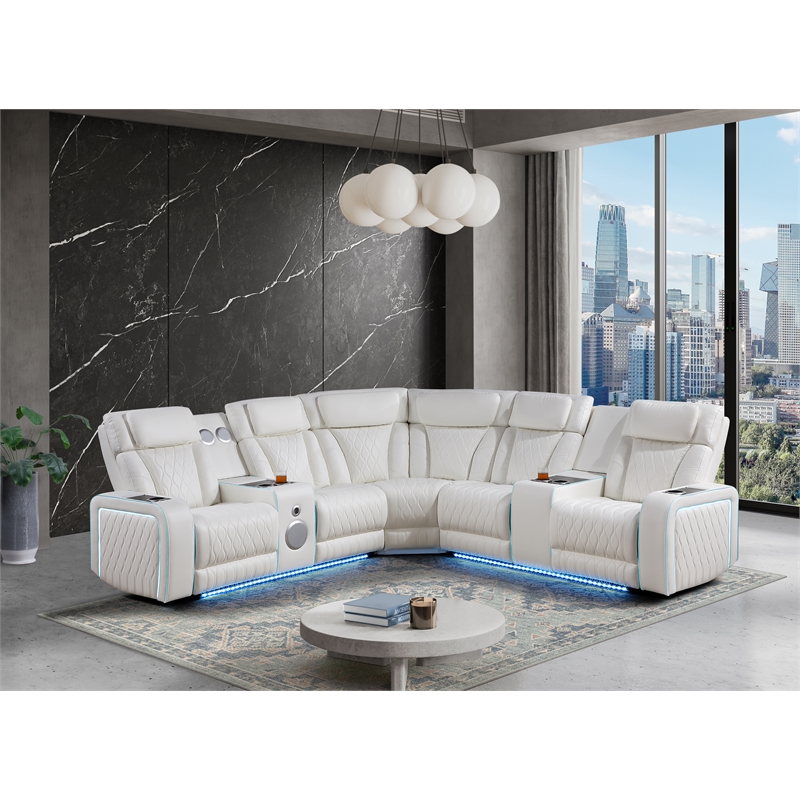Galaxy Electra Power Reclining Sectional w Headrests Speakers & LED in Ice