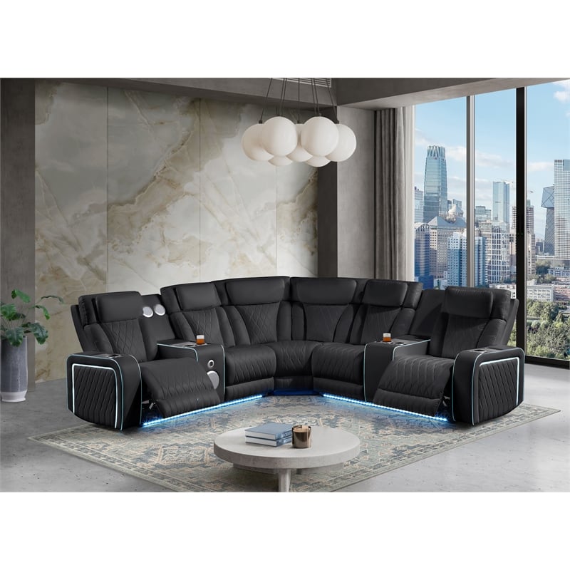 Galaxy Electra Power Reclining Sectional w Headrests/Speakers/LED in Black