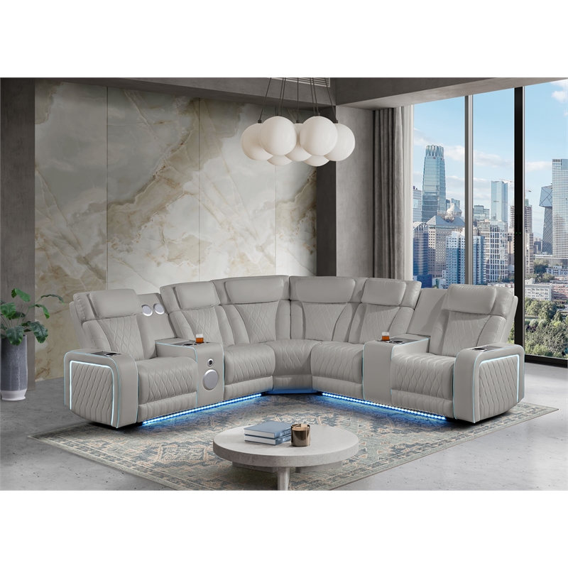 Galaxy Electra Faux Leather Power Reclining Sectional with LED in Gray