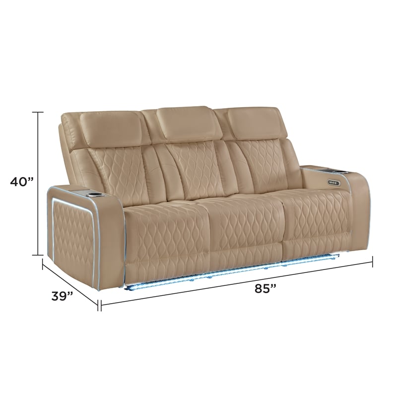 Galaxy Electra Modern PWR Reclining Faux Leather Sofa w Massage in Caramel