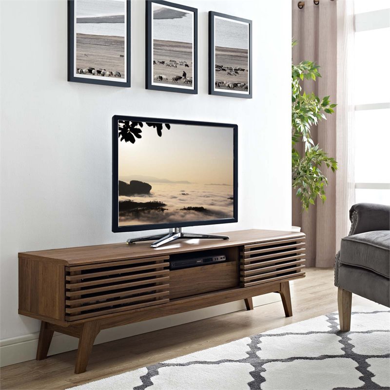 Levan Home Particleboard Walnut TV Stand Rectangular Adjustable Shelves 58.5