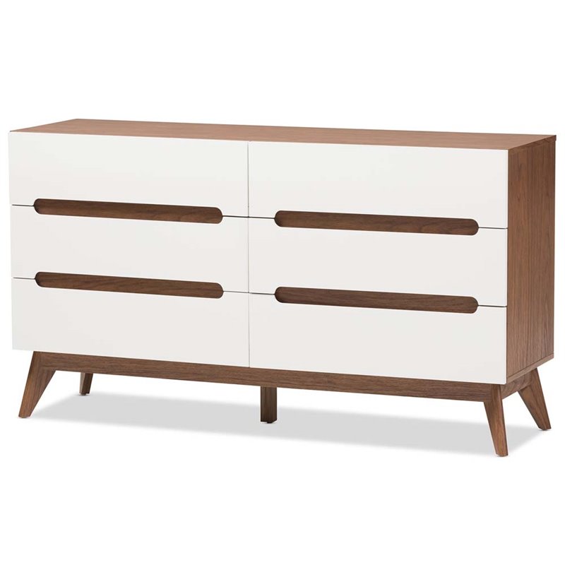 Levan Home Modern 6 Drawer Double Dresser in White and Walnut