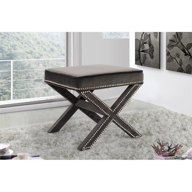 Meridian Furniture Nixon Contemporary Velvet Ottoman/Bench in Gray