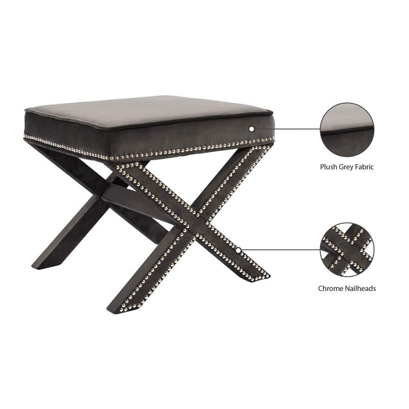 Meridian Furniture Nixon Contemporary Velvet Ottoman/Bench in Gray