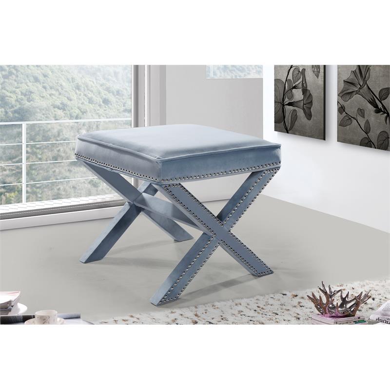 Meridian Furniture Nixon Contemporary Velvet Ottoman/Bench in Sky Blue