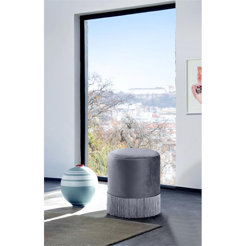 Meridian Furniture Teddy Contemporary Velvet Ottoman/Stool in Gray