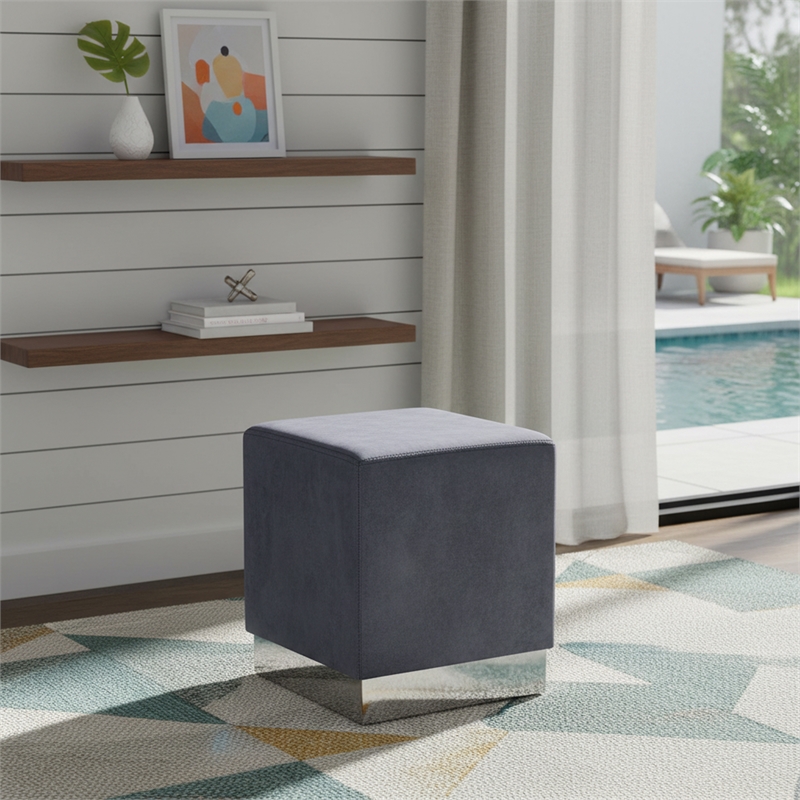 Meridian Furniture Jax Contemporary Velvet Ottoman/Stool in Gray