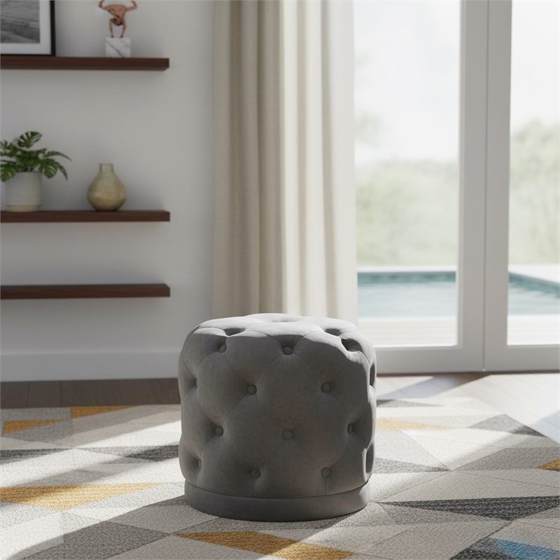 Meridian Furniture Harper Contemporary Velvet Ottoman/Stool in Gray