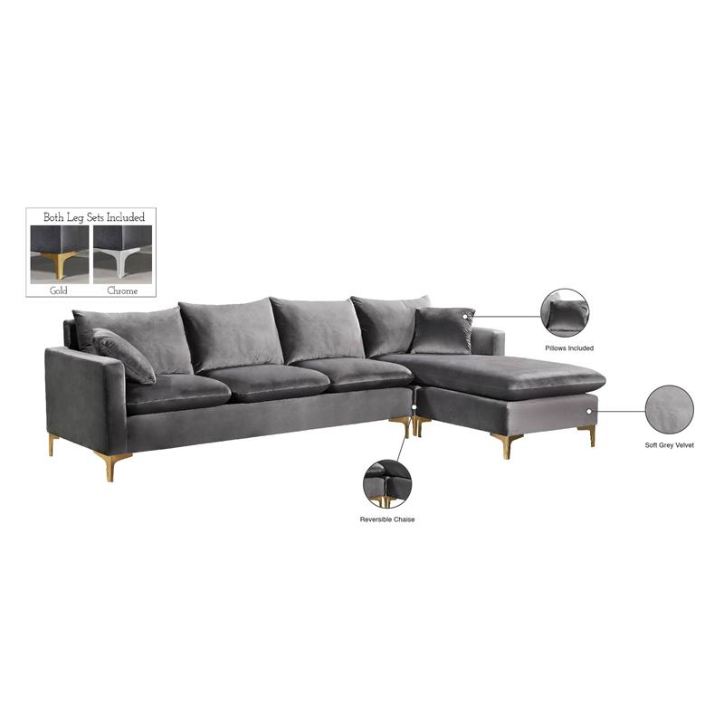 Meridian Furniture Naomi Contemporary 2pc Velvet Reversible Sectional in Gray