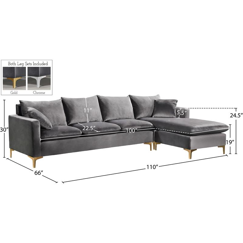 Meridian Furniture Naomi Contemporary 2pc Velvet Reversible Sectional in Gray