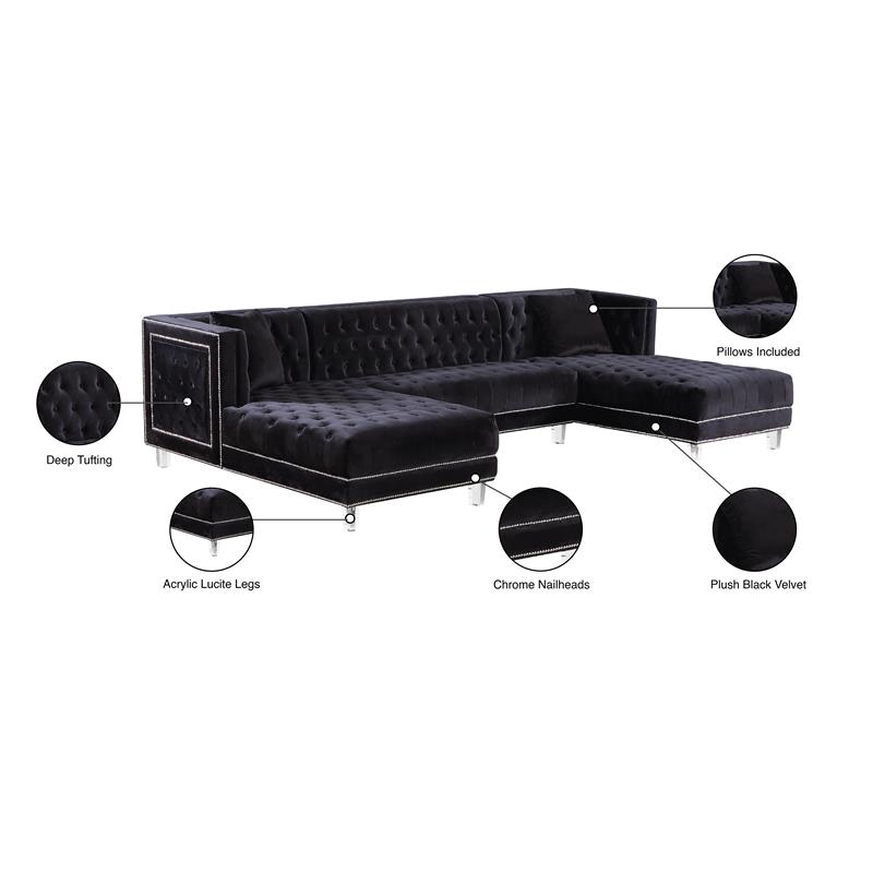 Meridian Furniture Moda 3pc Velvet Sectional in Black