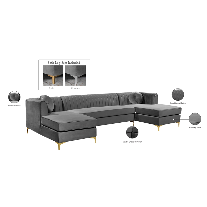 Meridian Furniture Graham 3pc Velvet Sectional in Gray