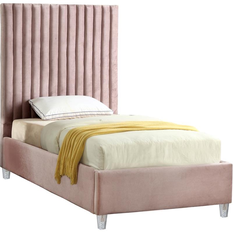 Meridian Furniture Candace Solid Wood Tufted Velvet Twin Bed in Pink