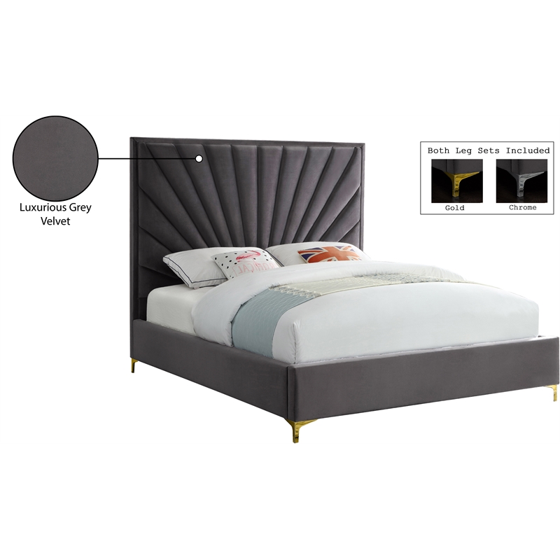Meridian Furniture Eclipse Solid Wood and Velvet Queen Bed in Gray