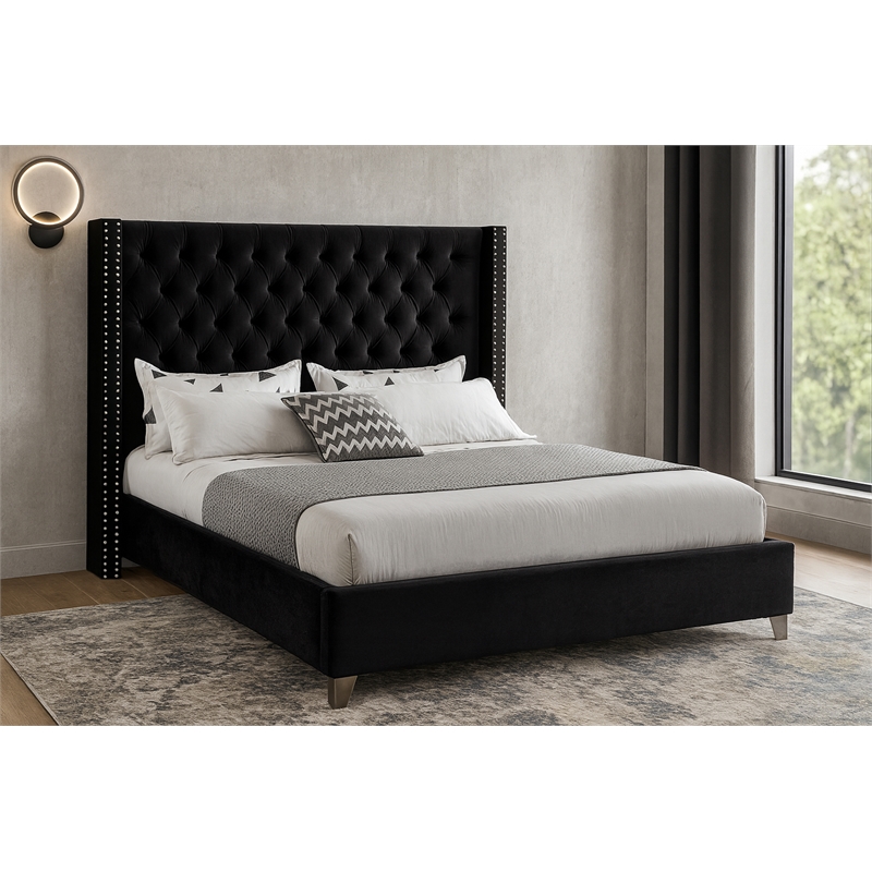 Meridian Furniture Aiden Solid Wood Tufted Velvet Wing Back Full Bed in Black