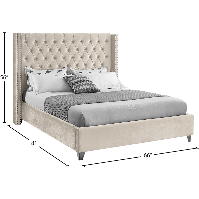 Meridian Furniture Aiden Solid Wood Tufted Velvet Wing Back Full Bed in Cream