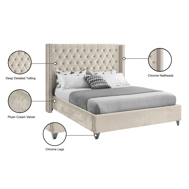 Meridian Furniture Aiden Solid Wood Tufted Velvet Wing Back Full Bed in Cream