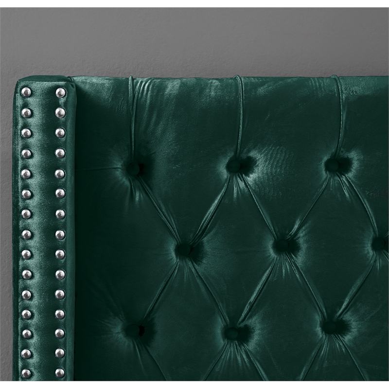 Meridian Furniture Aiden Solid Wood Tufted Velvet Wing Back Full Bed in Green