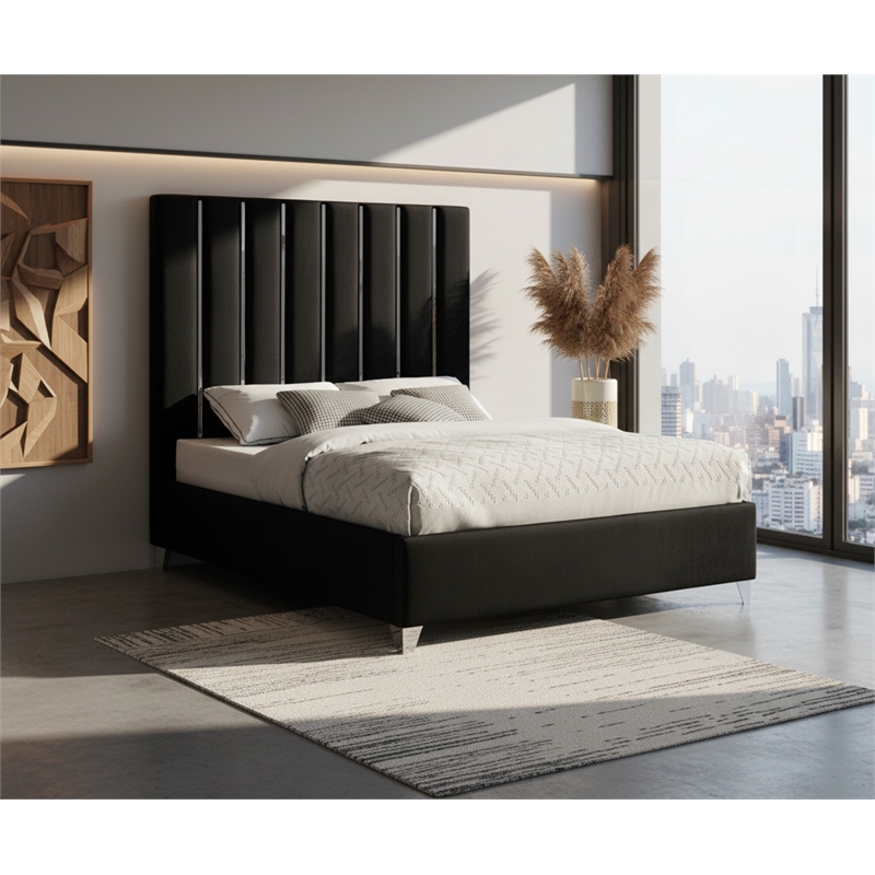 Meridian Furniture Enzo Solid Wood and Velvet Queen Bed in Black