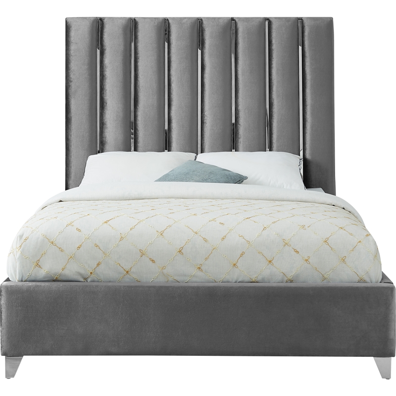 Meridian Furniture Enzo Solid Wood and Velvet Queen Bed in Gray