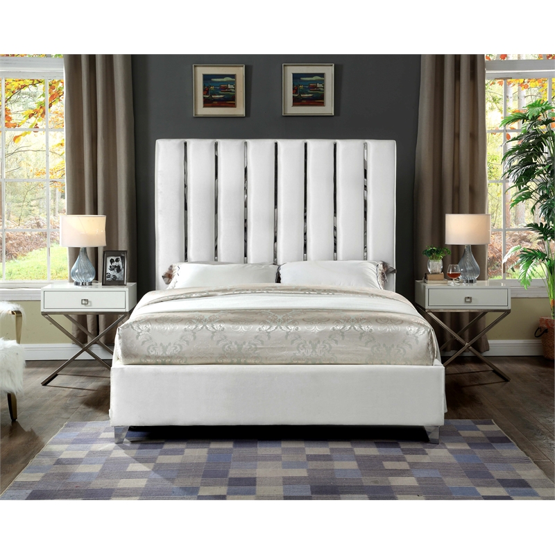 Meridian Furniture Enzo Solid Wood and Velvet Full Bed in White