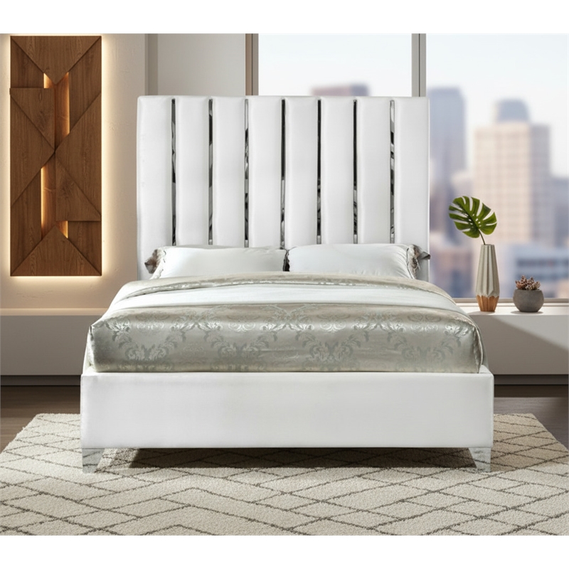 Meridian Furniture Enzo Solid Wood and Velvet Full Bed in White