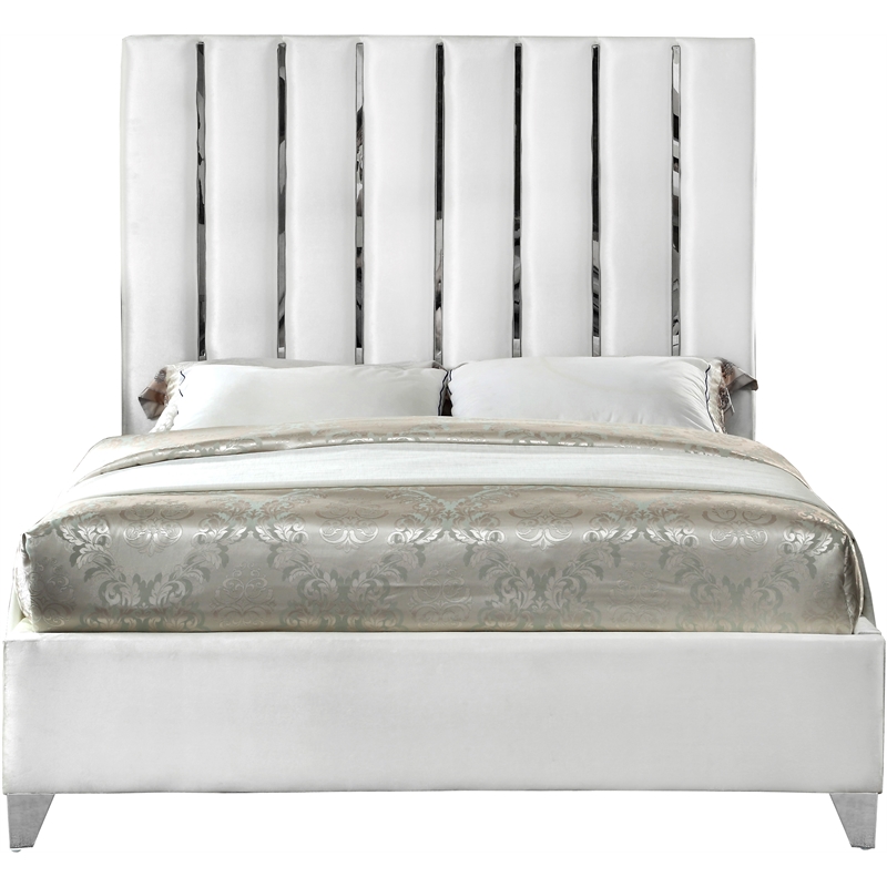 Meridian Furniture Enzo Solid Wood and Velvet Queen Bed in White