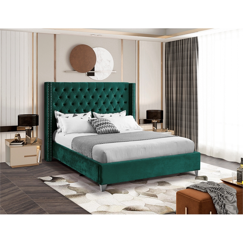 Meridian Furniture Aiden Solid Wood Tufted Velvet Wing Back Queen Bed in Green