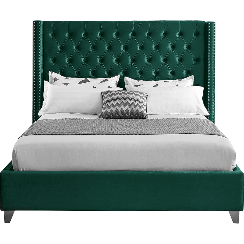 Meridian Furniture Aiden Solid Wood Tufted Velvet Wing Back Queen Bed in Green
