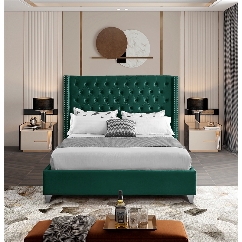 Meridian Furniture Aiden Solid Wood Tufted Velvet Wing Back Queen Bed in Green