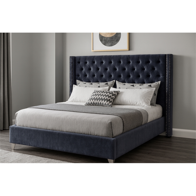 Meridian Furniture Aiden Solid Wood Tufted Velvet Wing Back Full Bed in Gray